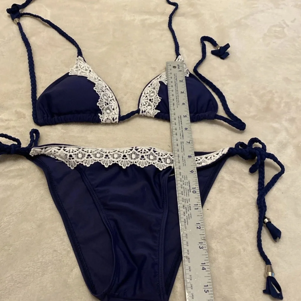 Elegant Navy Bikini with White Lace Trim